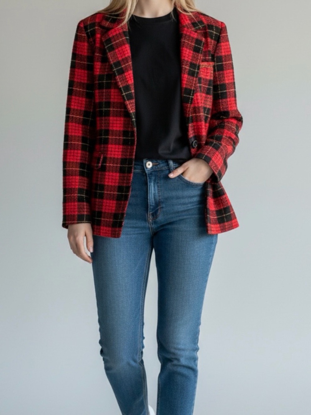 Sag Harbor Red and Black Plaid Blazer with Gold Accent